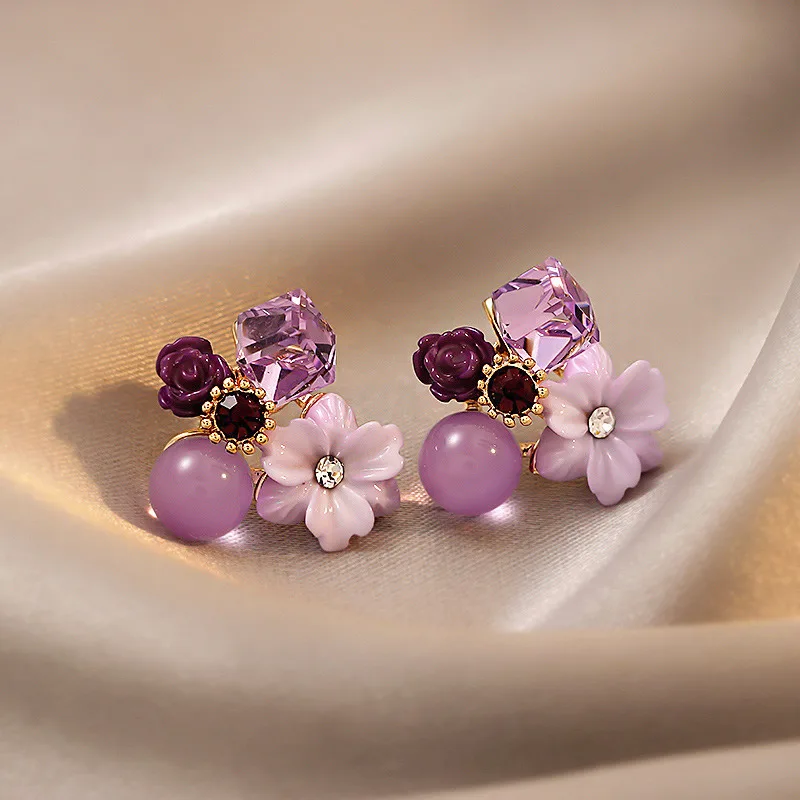Opal Earrings Dangle - الأرجواني الزركون كريستال زهرة أوبال مربط
