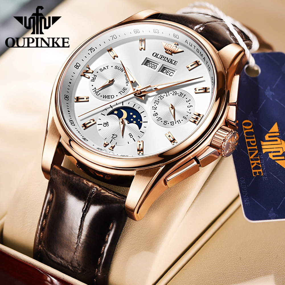 Mens Mechanical Watch - ساعات OUPINKE للرجال كاجوال بحزام جلدي