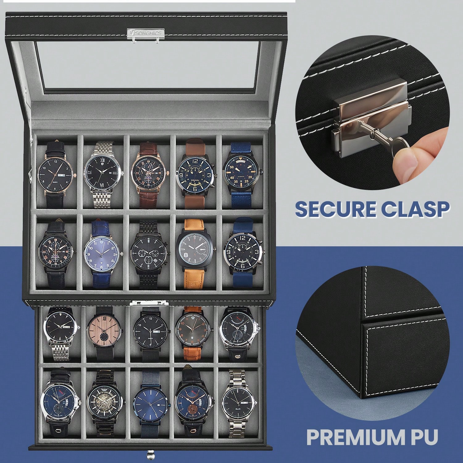 صندوق ساعات بـ 20 فتحة مع غطاء - مراجعة Watches Jewelry Holder وسعره